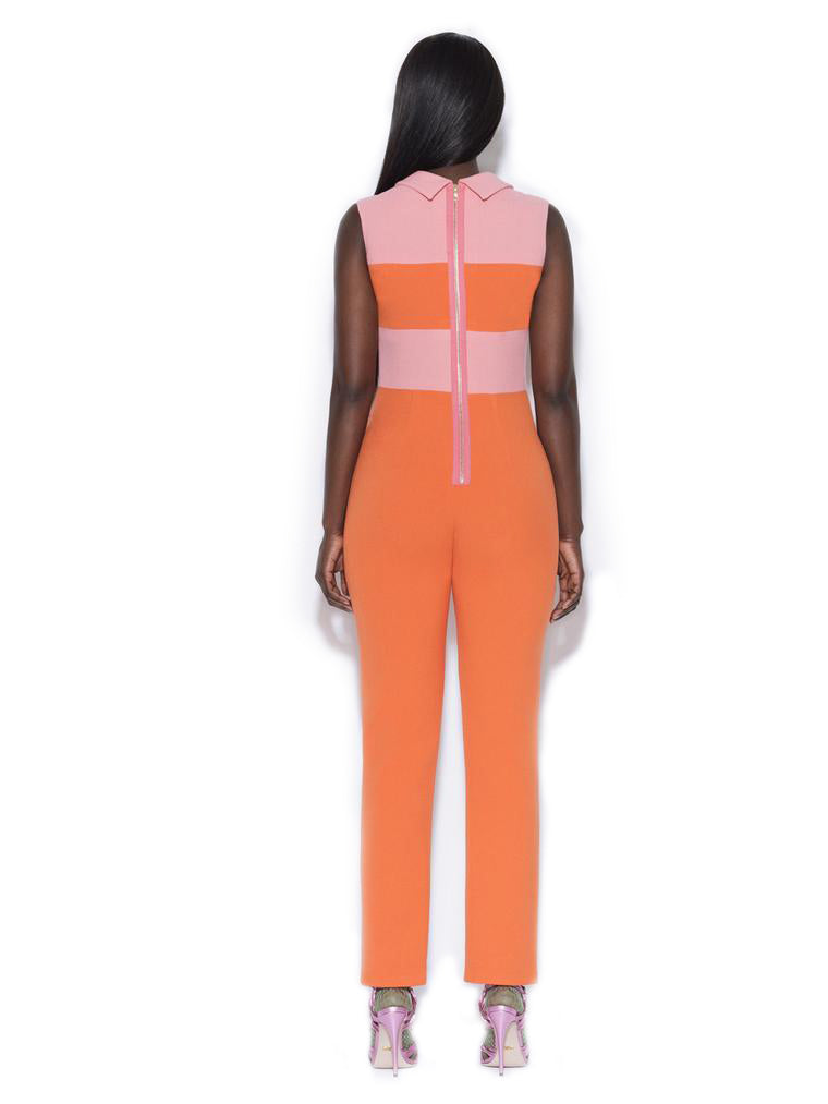 Orange Collared Color Blocking Jumpsuit